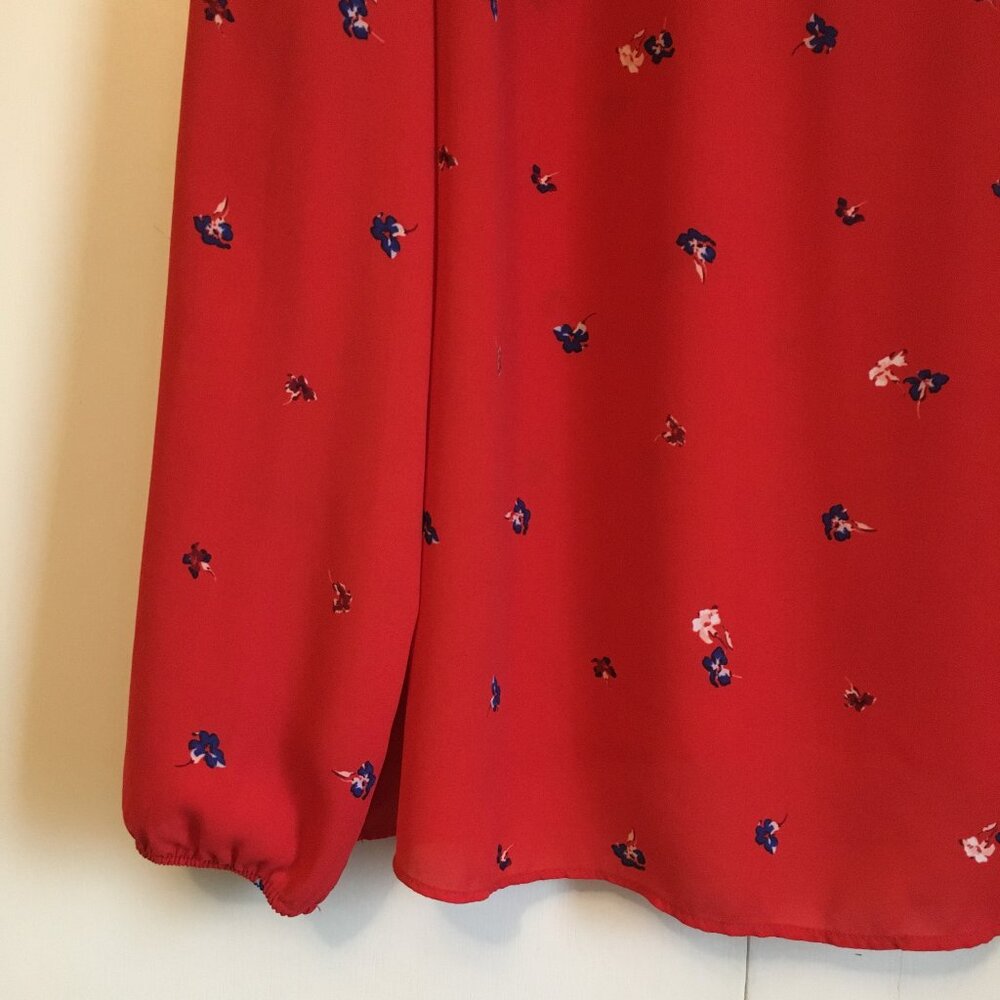 Joe Fresh Poppy Red Sheer Floral Blouse Peasant Sleeve V-Neck XL - Picture 3 of 16